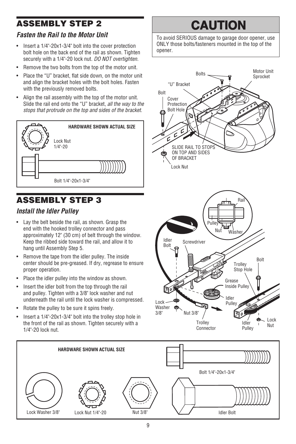 Fasten the rail to the motor unit, Install the idler pulley, Assembly step 2 | Assembly step 3 | Chamberlain 248739 User Manual | Page 9 / 44