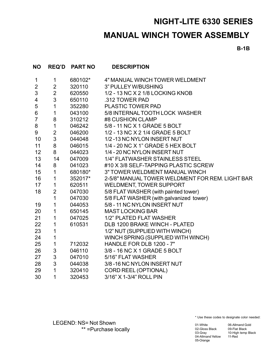 Night-lite 6330 series, Manual winch tower assembly | Allmand Brothers NL6330 User Manual | Page 7 / 87