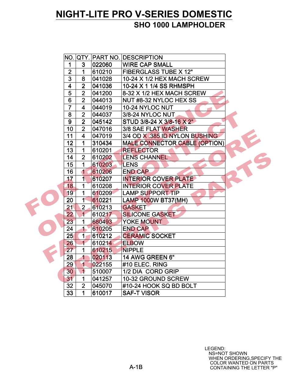 Night-lite pro v-series domestic, Sho 1000 lampholder | Allmand Brothers NIGHT LITE PRO V User Manual | Page 3 / 51
