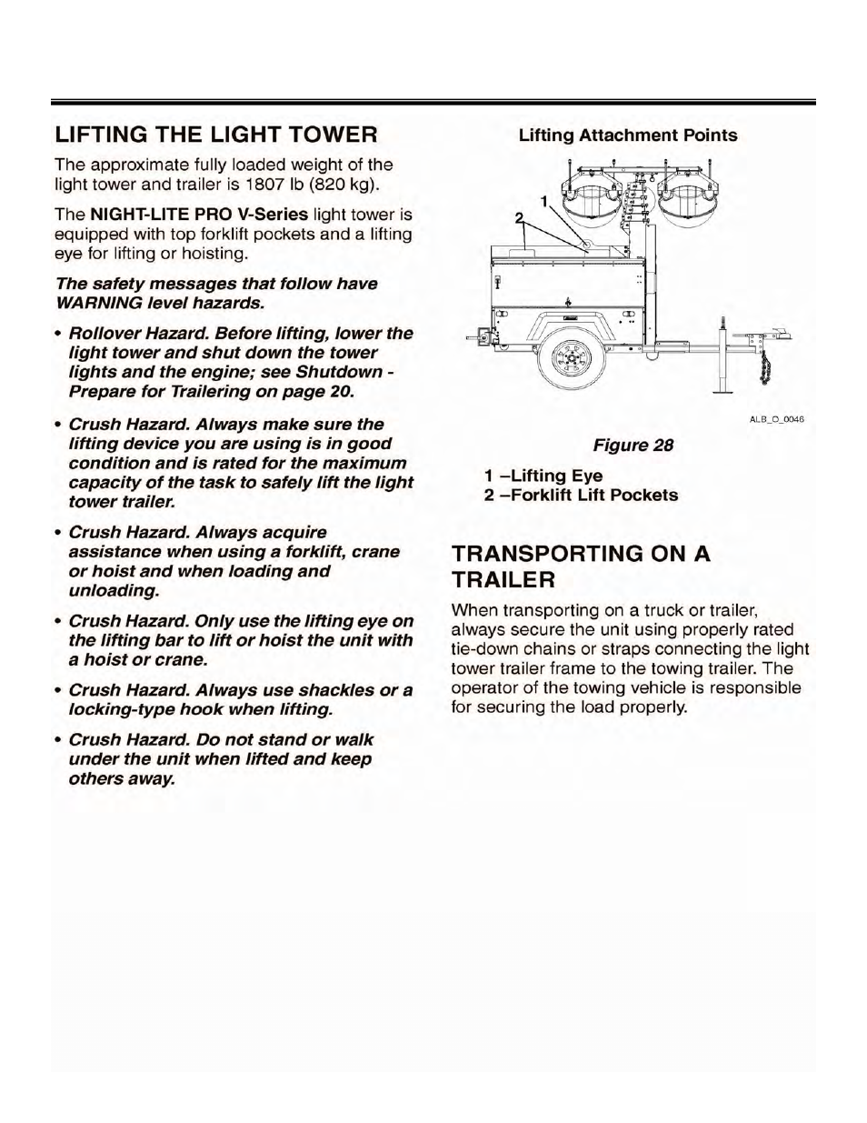 Trailering, transporting and lifting | Allmand Brothers NIGHT LITE PRO V User Manual | Page 26 / 67