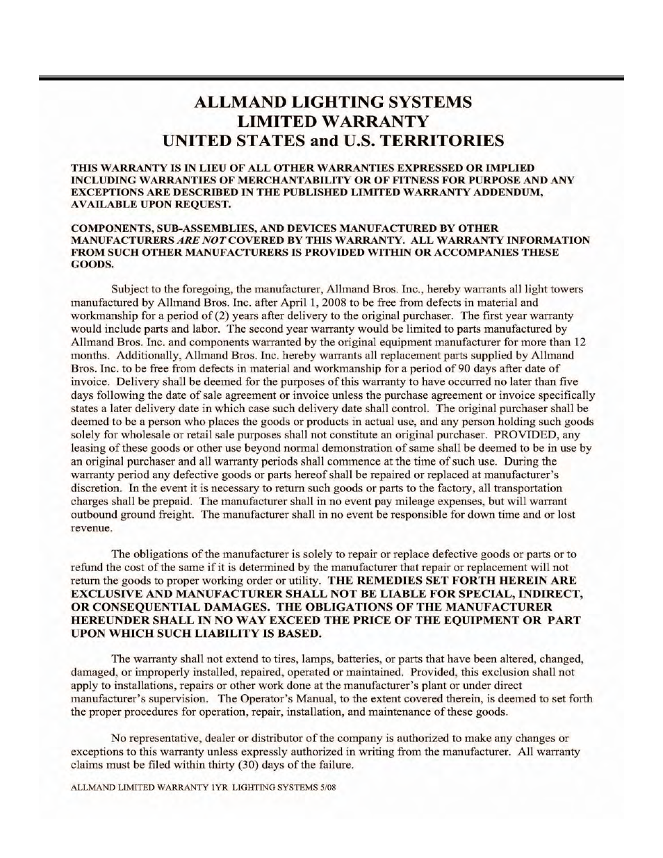 Warranty | Allmand Brothers NIGHT LITE PRO V User Manual | Page 66 / 67