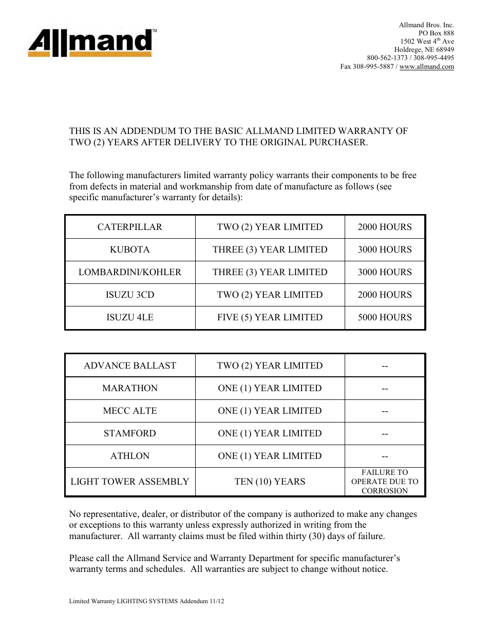 Lighting systems limited warranty addendum | Allmand Brothers NL PRO II User Manual | Page 78 / 174