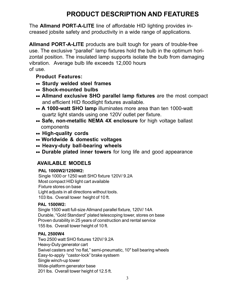 Product description and features | Allmand Brothers PAL User Manual | Page 3 / 14
