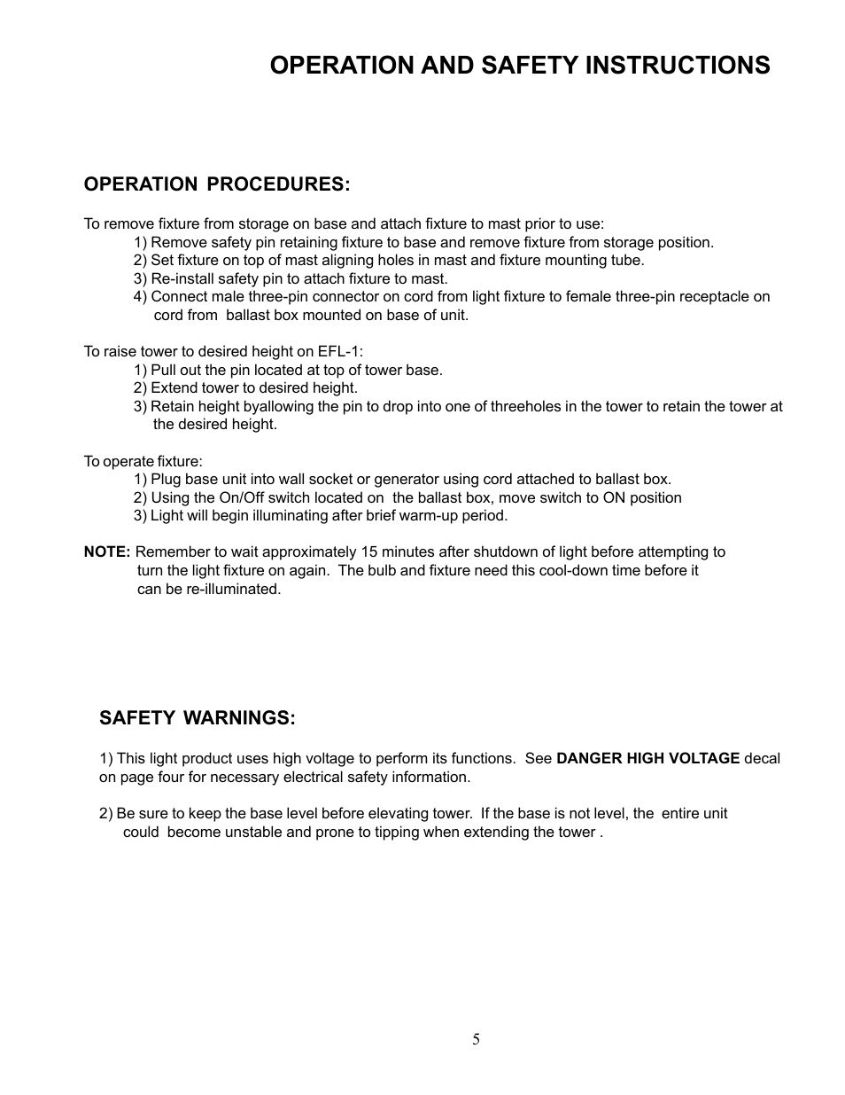 Operation and safety instructions | Allmand Brothers PAL User Manual | Page 5 / 14