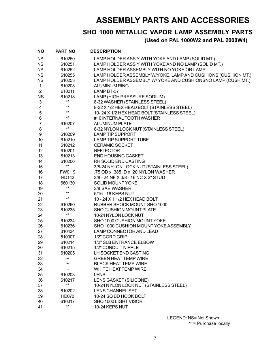 Assembly parts and accessories, Sho 1000 metallic vapor lamp assembly parts | Allmand Brothers PAL User Manual | Page 7 / 14