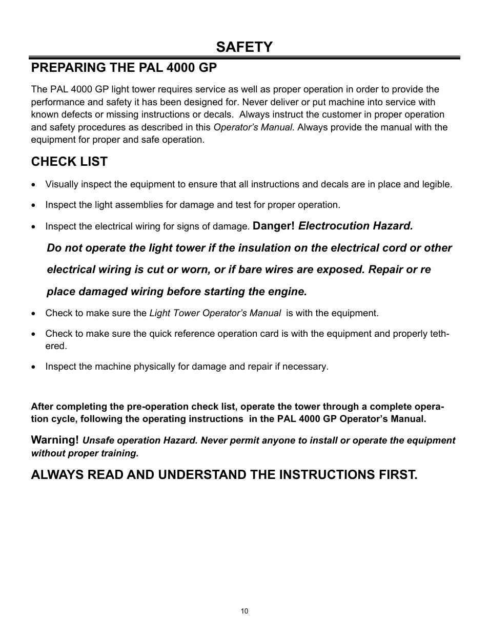 Safety, Preparing the pal 4000 gp, Check list | Always read and understand the instructions first | Allmand Brothers PAL4000 User Manual | Page 10 / 34