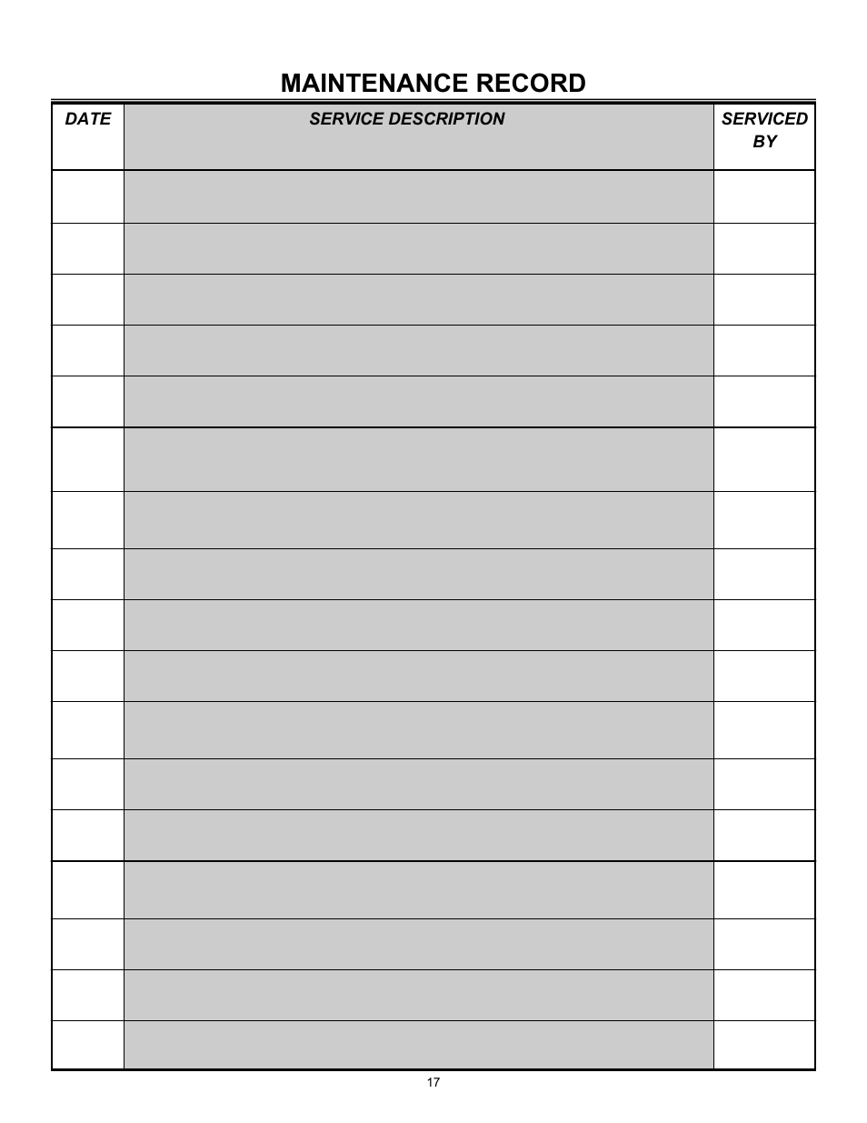 Maintenance record, Date service description, Serviced by | Allmand Brothers PAL4000 User Manual | Page 17 / 34
