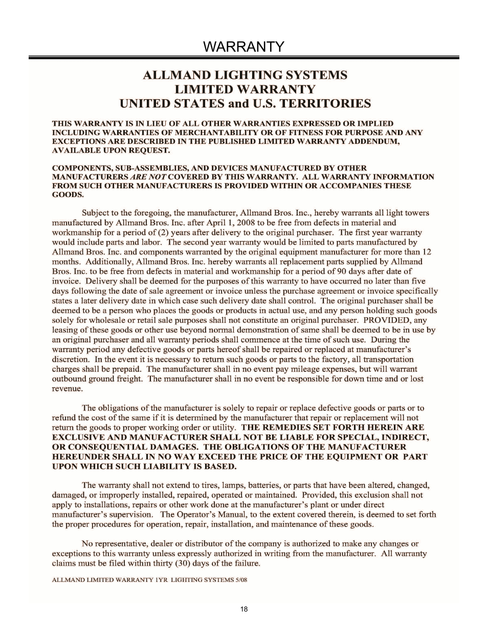 Warranty | Allmand Brothers PAL4000 User Manual | Page 18 / 34