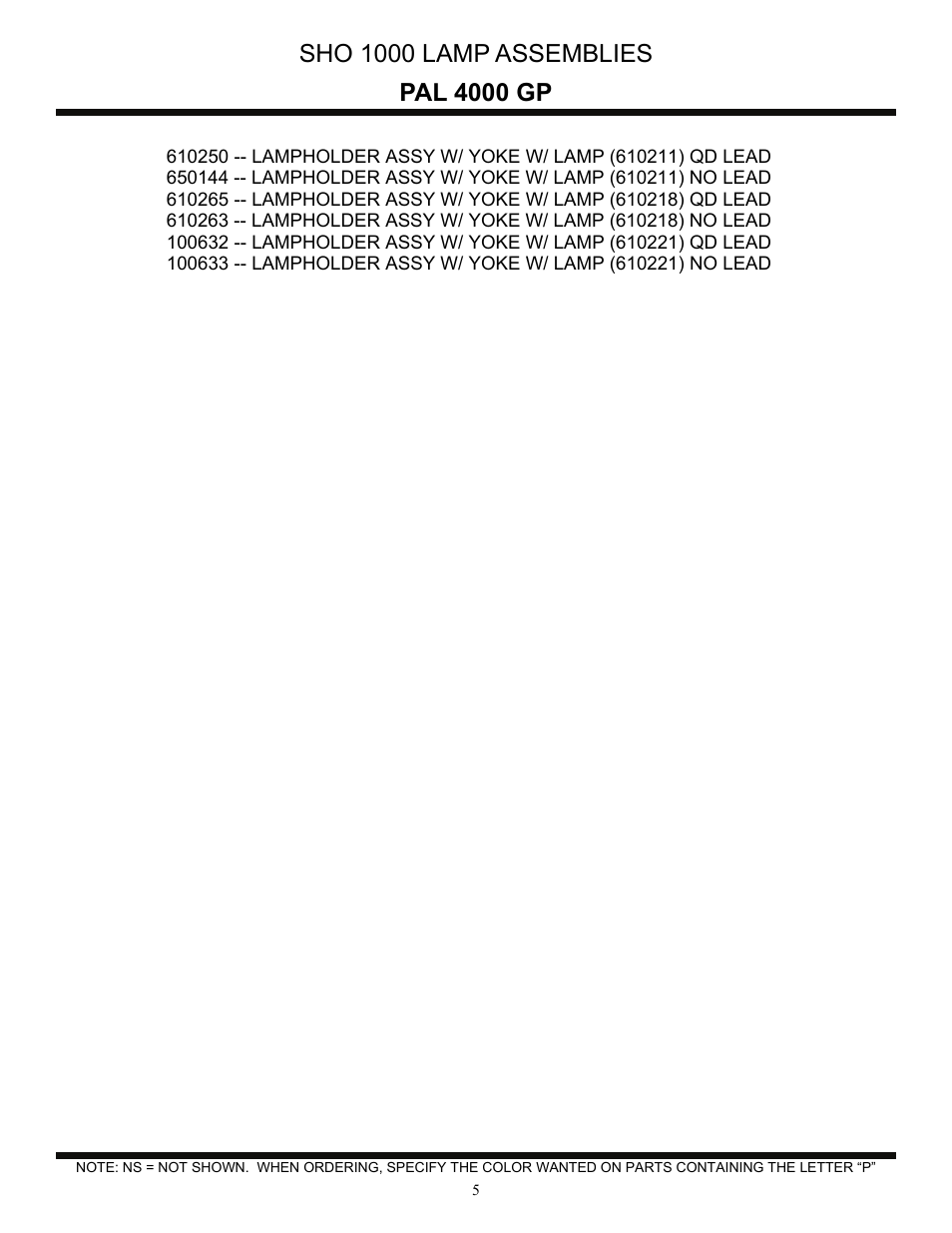 Pal 4000 gp, Sho 1000 lamp assemblies | Allmand Brothers PAL4000 User Manual | Page 25 / 34
