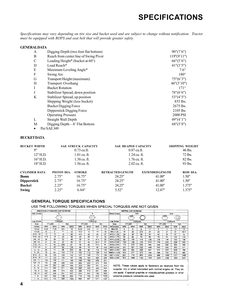 Specifications | Allmand Brothers Allmand 7.5 FT BACKHOE User Manual | Page 4 / 32