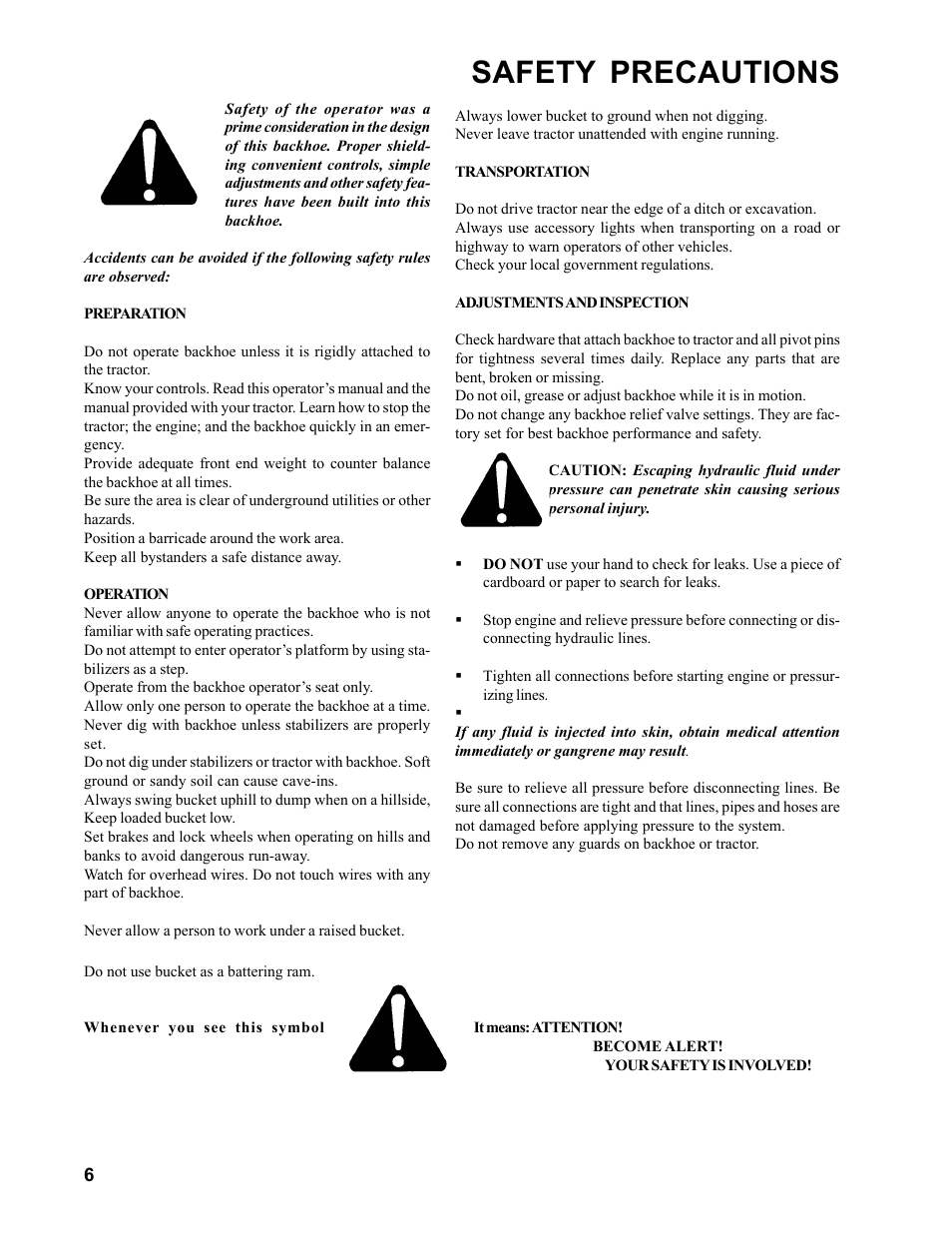 Safety precautions | Allmand Brothers Allmand 7.5 FT BACKHOE User Manual | Page 6 / 32