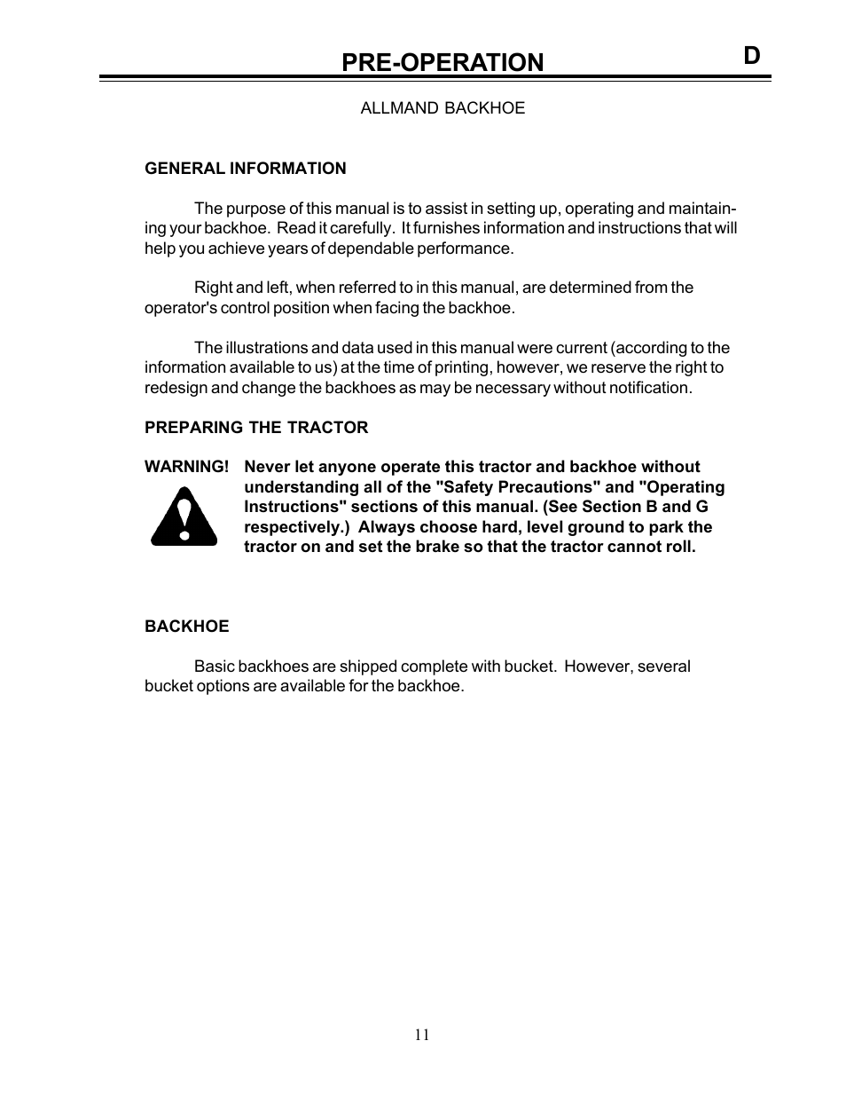 Pre-operation | Allmand Brothers Allmand 8.5 10 FT BACKHOE User Manual | Page 11 / 41