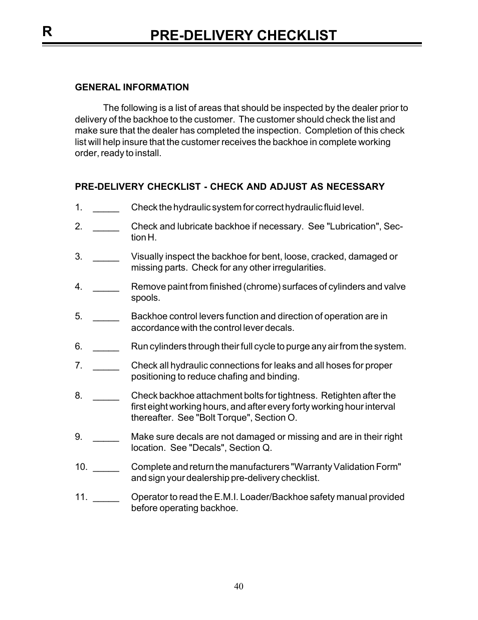 Pre-delivery checklist | Allmand Brothers Allmand 8.5 10 FT BACKHOE User Manual | Page 40 / 41