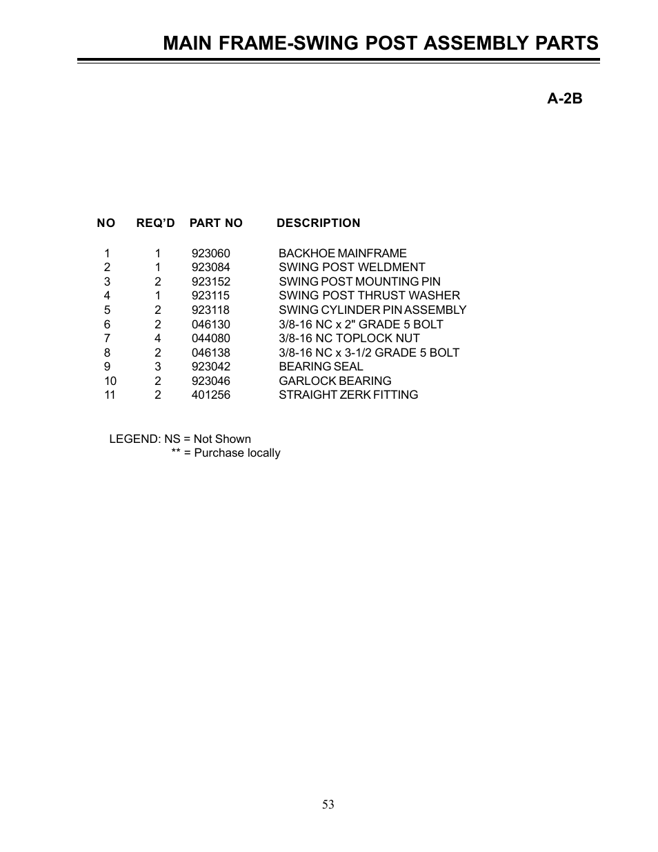 Main frame-swing post assembly parts, A-2b | Allmand Brothers Allmand 8.5 10 FT BACKHOE User Manual | Page 11 / 31