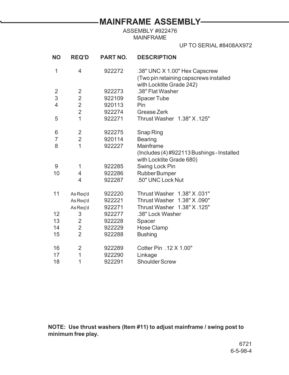 Mainframe assembly | Allmand Brothers TLB 408 BACKHOE User Manual | Page 14 / 93