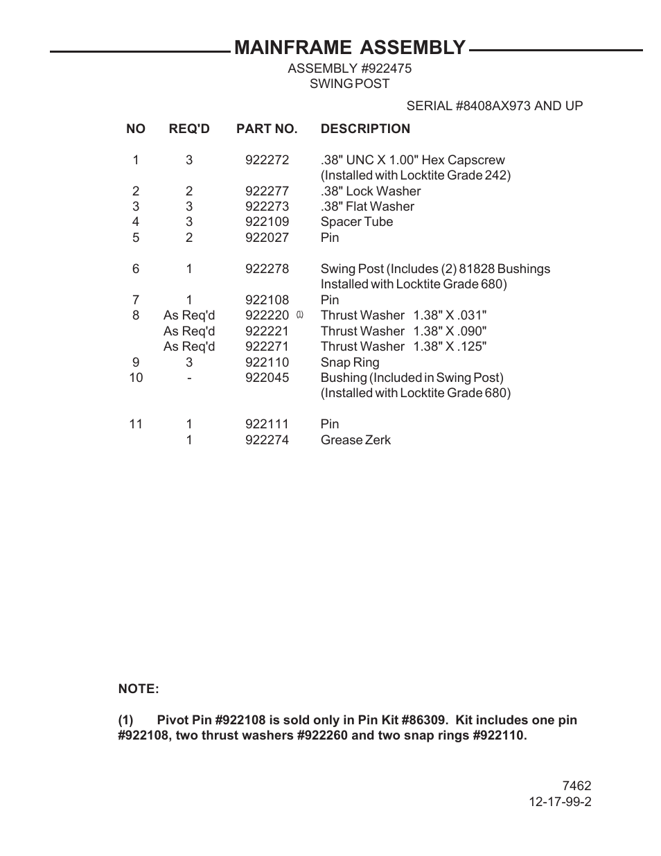 Mainframe assembly | Allmand Brothers TLB 408 BACKHOE User Manual | Page 6 / 93
