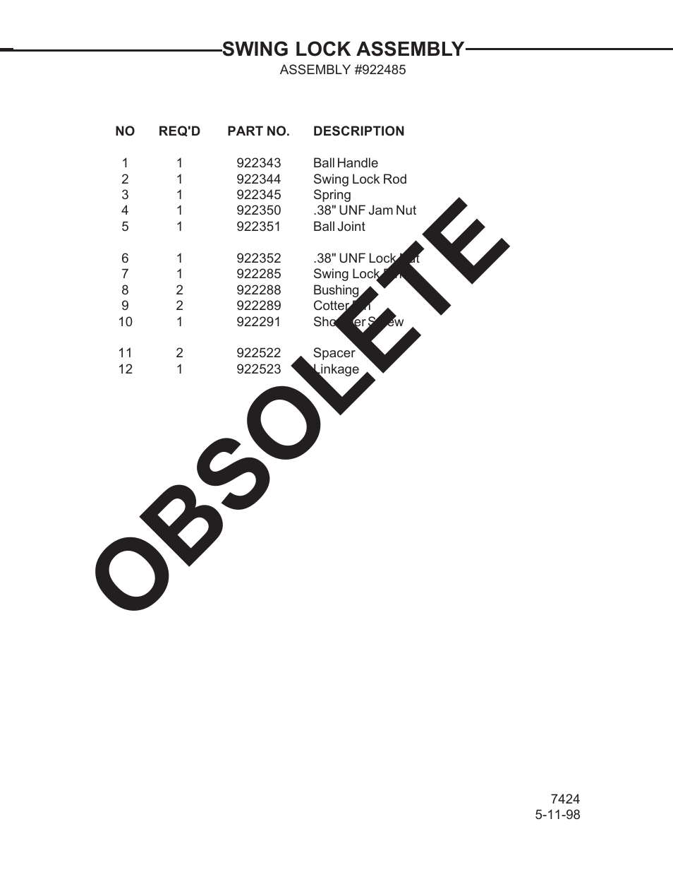 Obsolete, Swing lock assembly | Allmand Brothers TLB 509A BACKHOE User Manual | Page 48 / 58