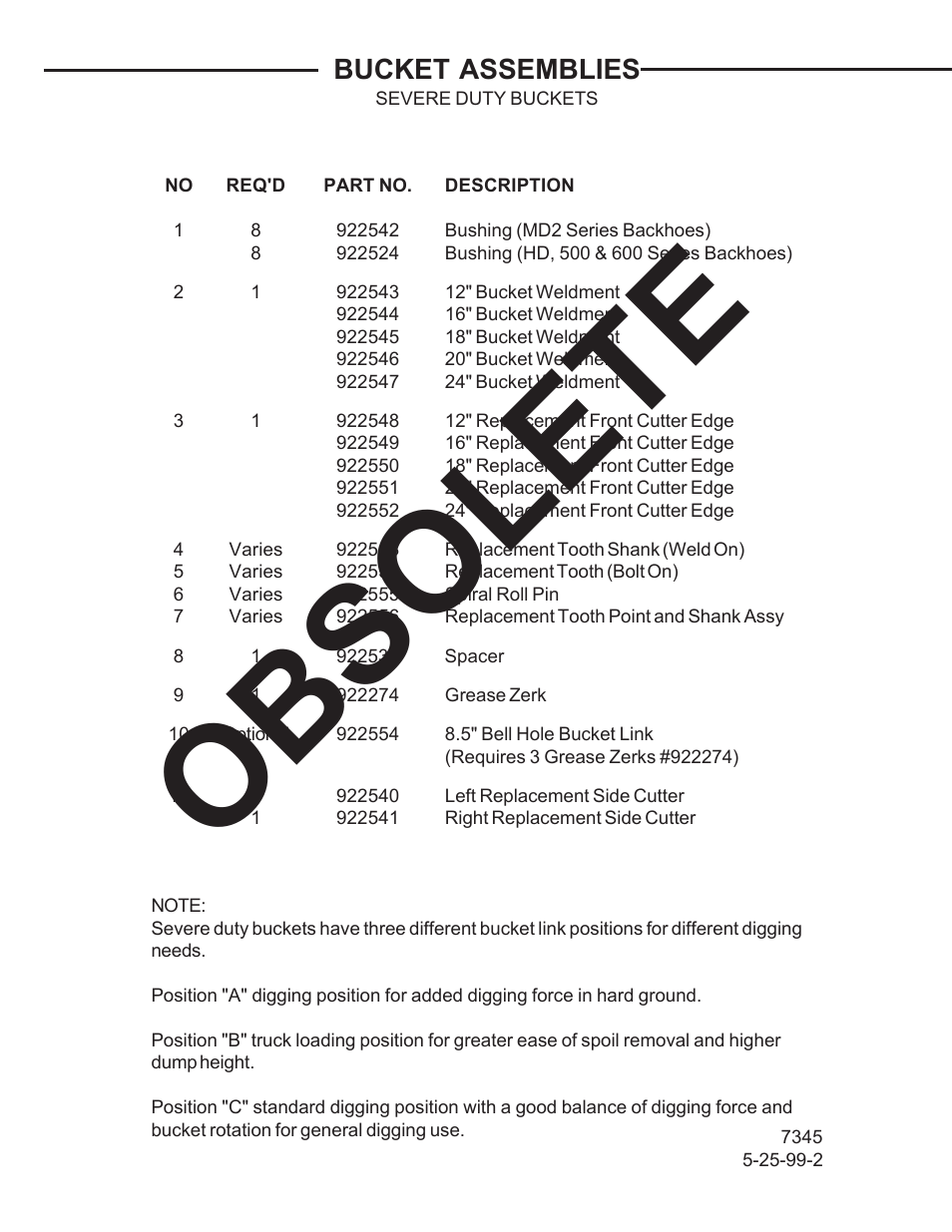 Obsolete, Bucket assemblies | Allmand Brothers TLB 509A BACKHOE User Manual | Page 52 / 58
