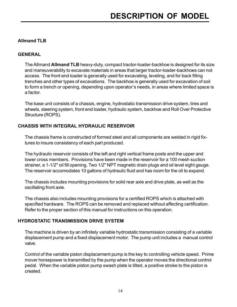 Description of model | Allmand Brothers TLB 535 User Manual | Page 14 / 51