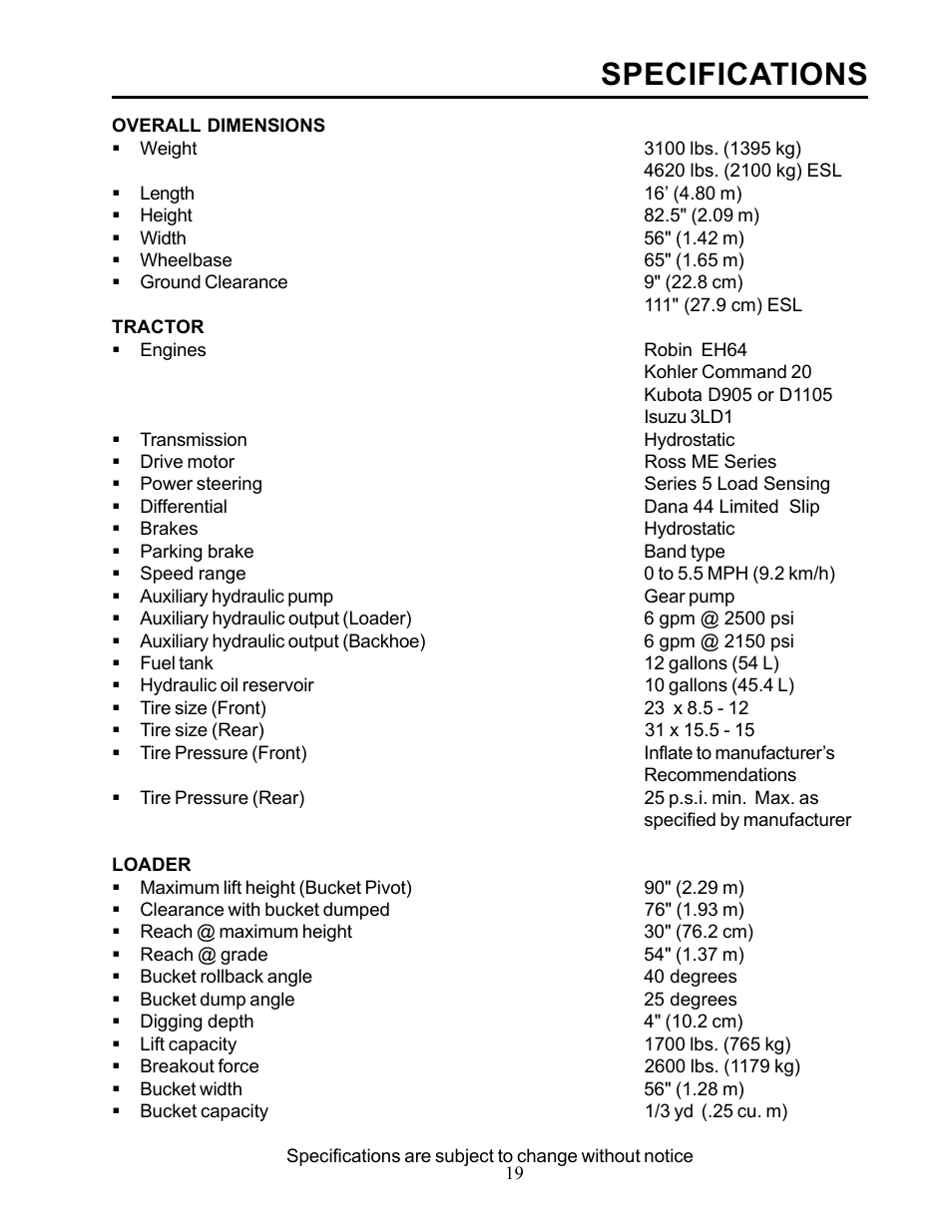 Specifications | Allmand Brothers TLB 535 User Manual | Page 19 / 51