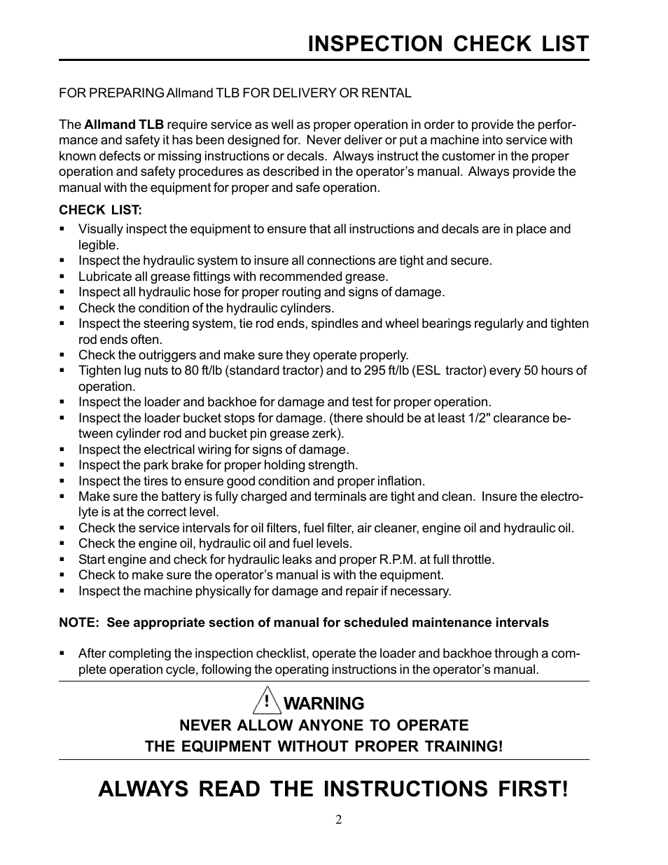 Inspection check list, Always read the instructions first, Warning | Allmand Brothers TLB 535 User Manual | Page 2 / 51