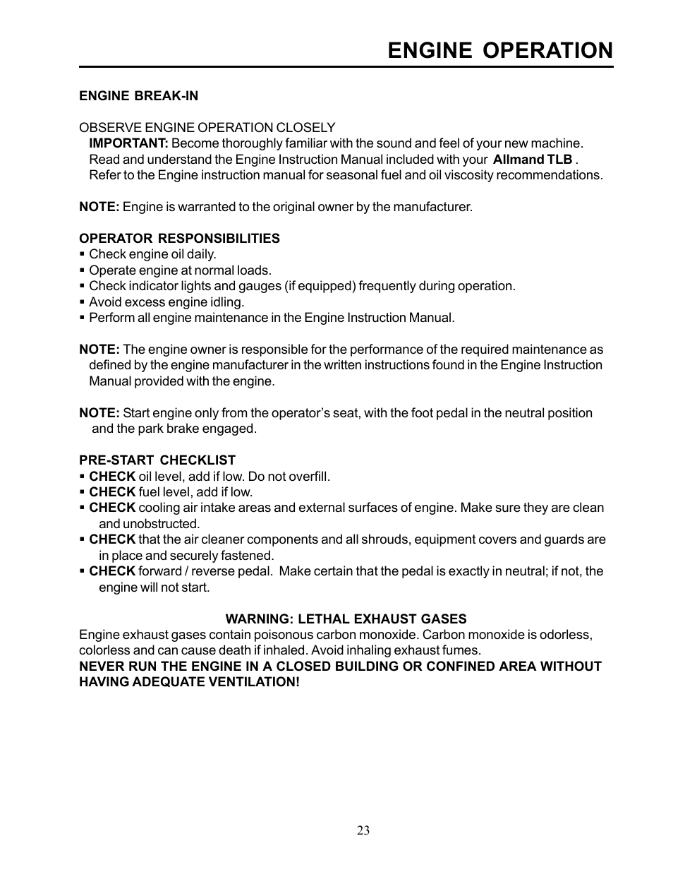 Engine operation | Allmand Brothers TLB 535 User Manual | Page 23 / 51