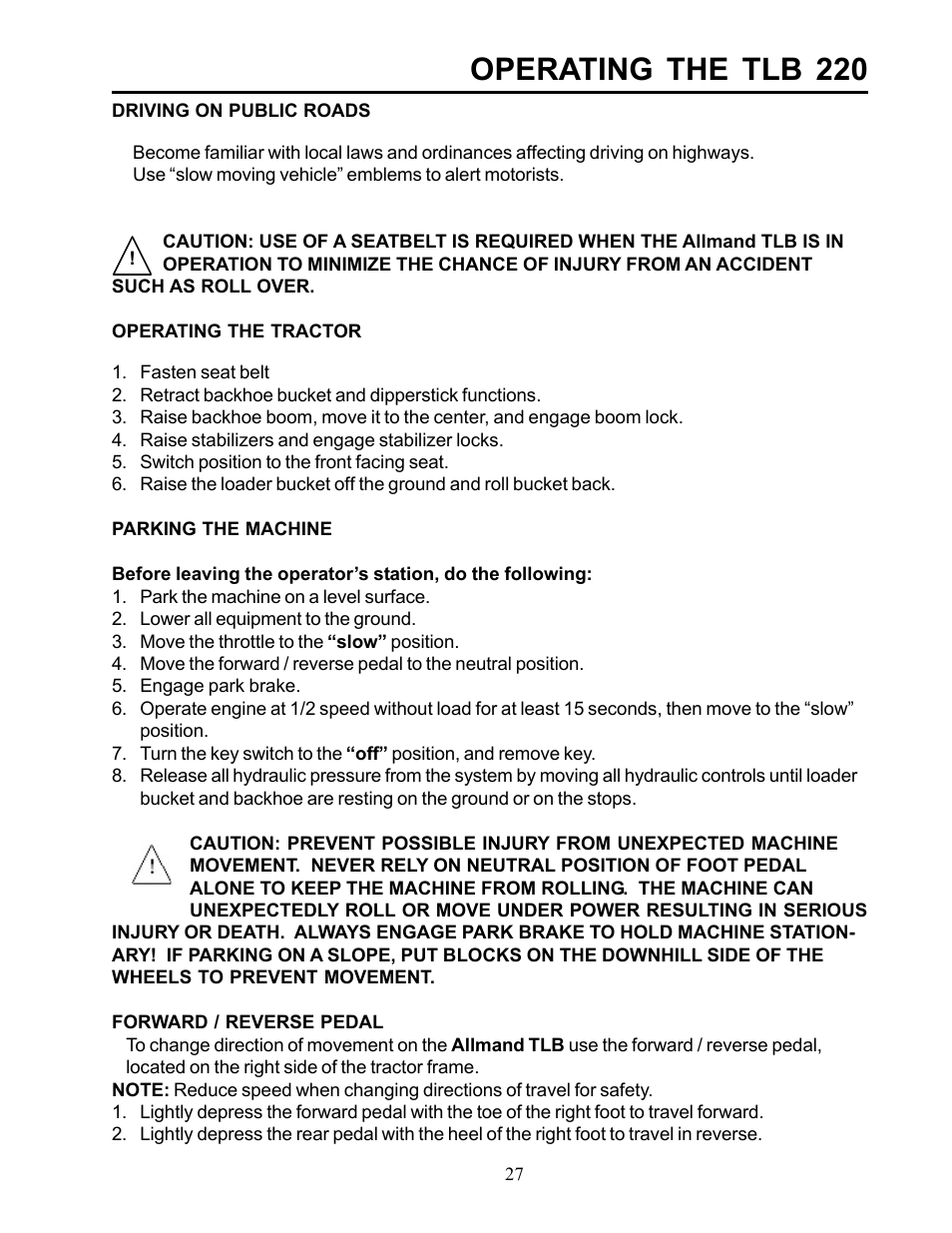 Operating the tlb 220 | Allmand Brothers TLB 535 User Manual | Page 27 / 51