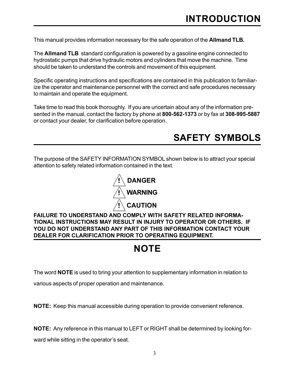 Introduction, Safety symbols | Allmand Brothers TLB 535 User Manual | Page 3 / 51