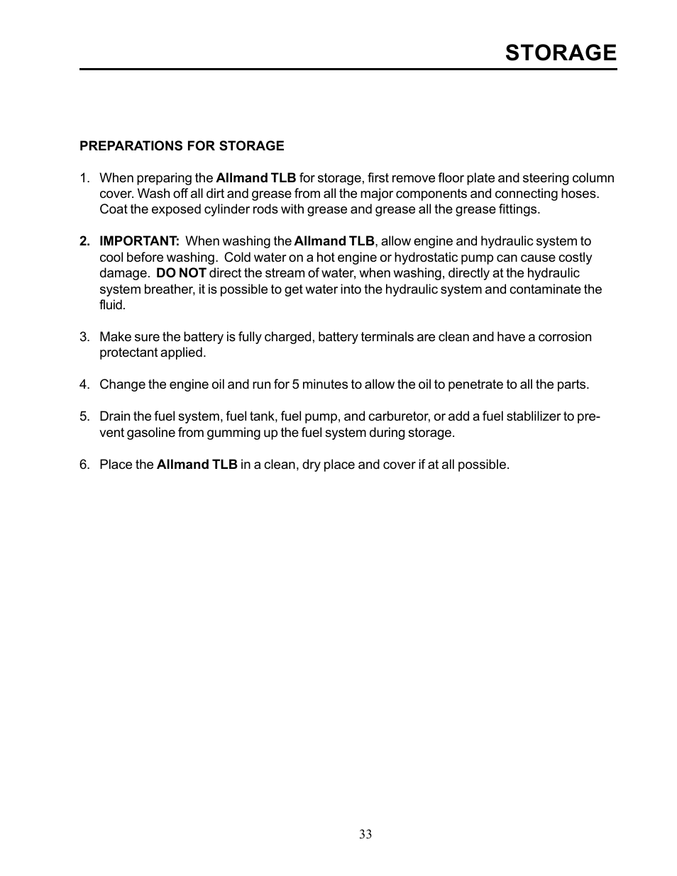 Storage | Allmand Brothers TLB 535 User Manual | Page 33 / 51