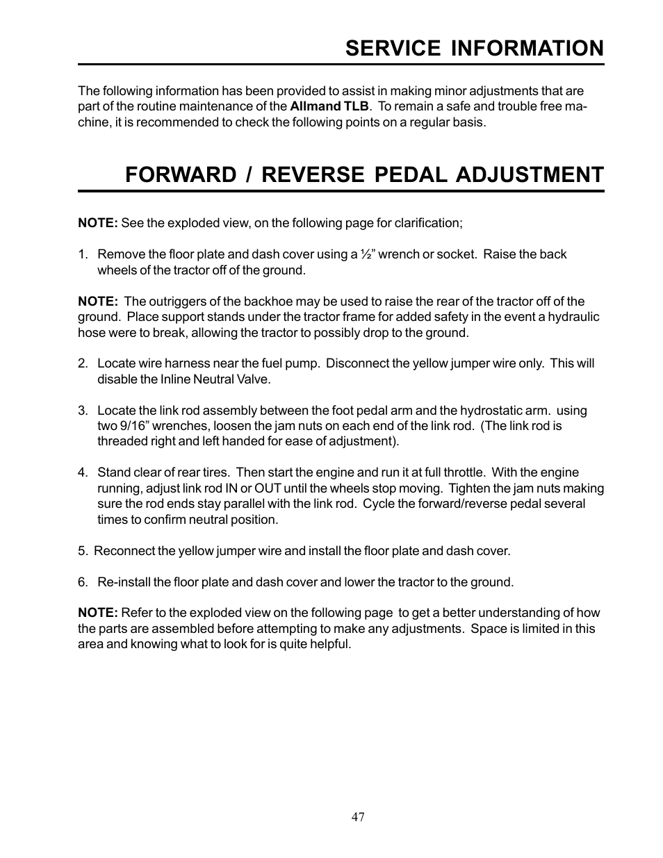 Service information, Forward / reverse pedal adjustment | Allmand Brothers TLB 535 User Manual | Page 47 / 51