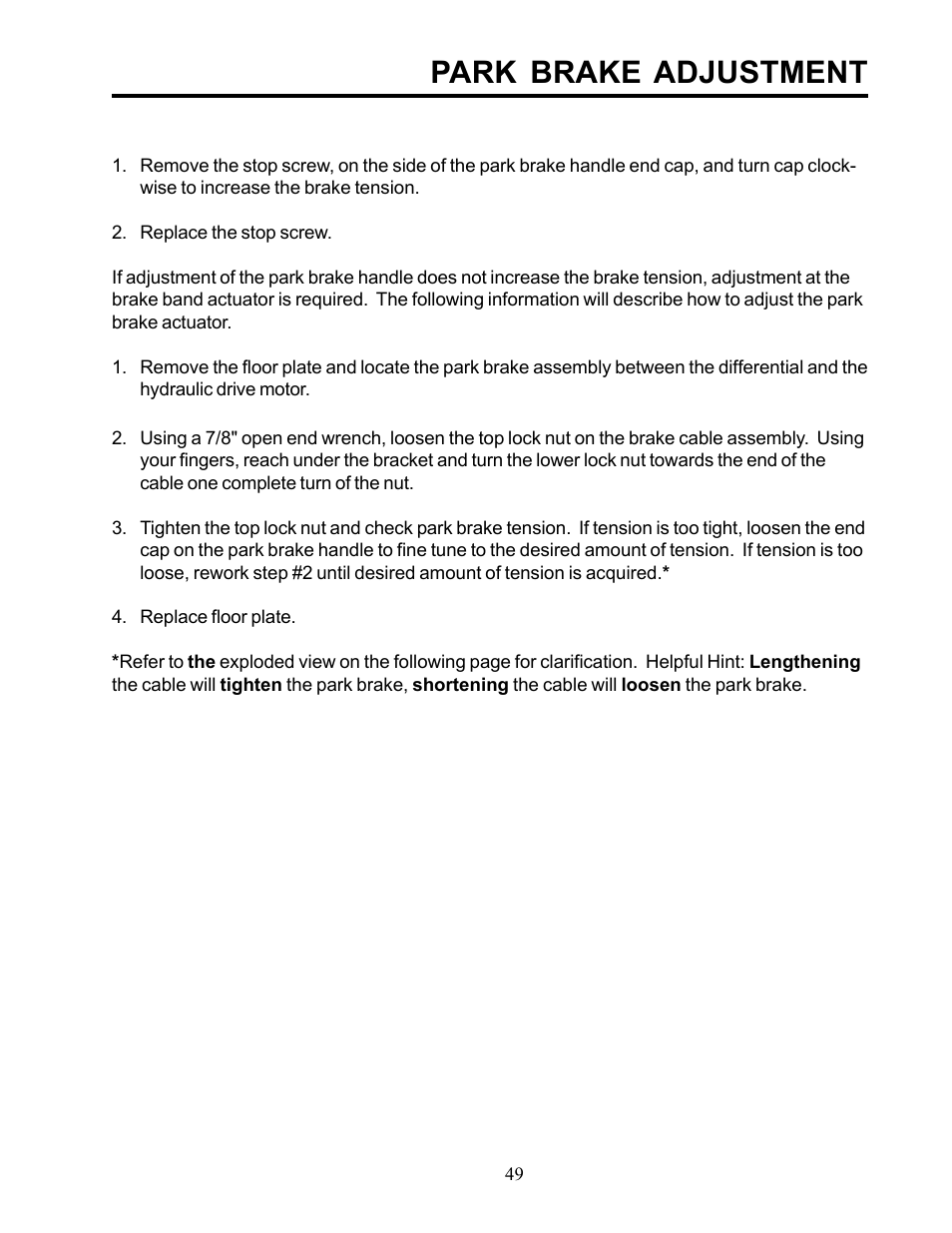 Park brake adjustment | Allmand Brothers TLB 535 User Manual | Page 49 / 51