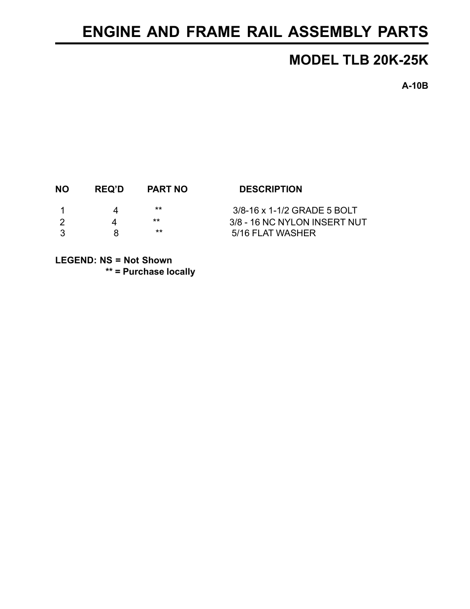 Engine and frame rail assembly parts, Model tlb 20k-25k | Allmand Brothers TLB25K User Manual | Page 37 / 88