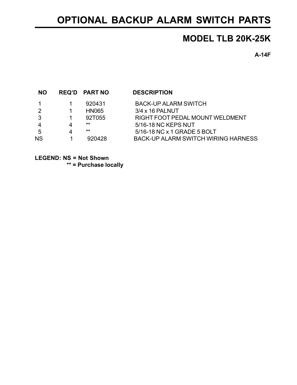 Optional backup alarm switch parts, Model tlb 20k-25k | Allmand Brothers TLB25K User Manual | Page 59 / 88