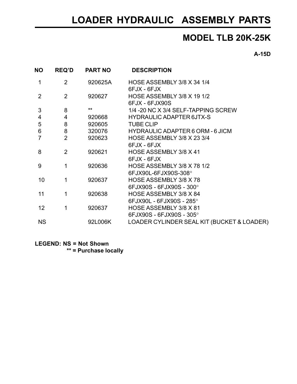 Loader hydraulic assembly parts, Model tlb 20k-25k | Allmand Brothers TLB25K User Manual | Page 63 / 88