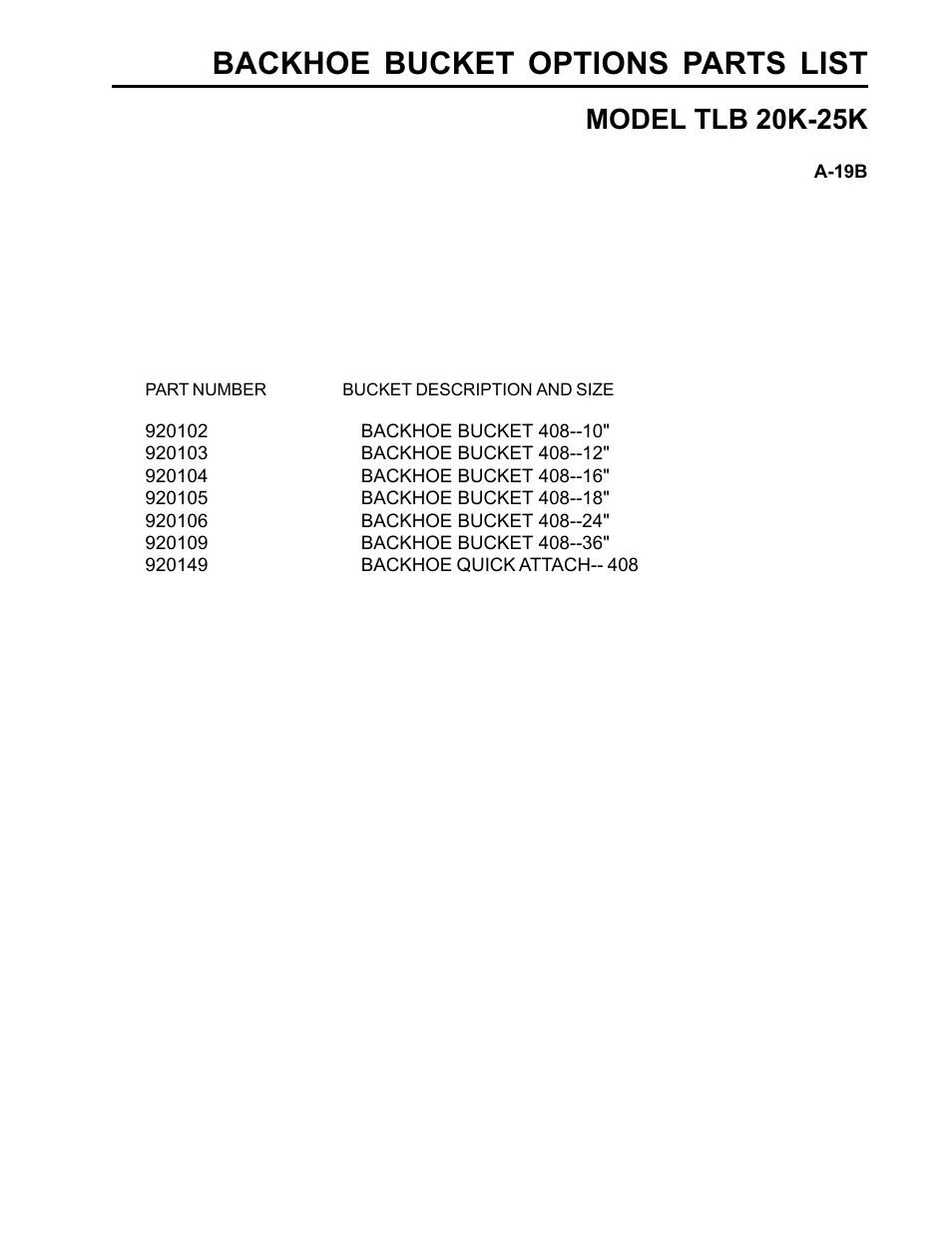 Backhoe bucket options parts list, Model tlb 20k-25k | Allmand Brothers TLB25K User Manual | Page 85 / 88