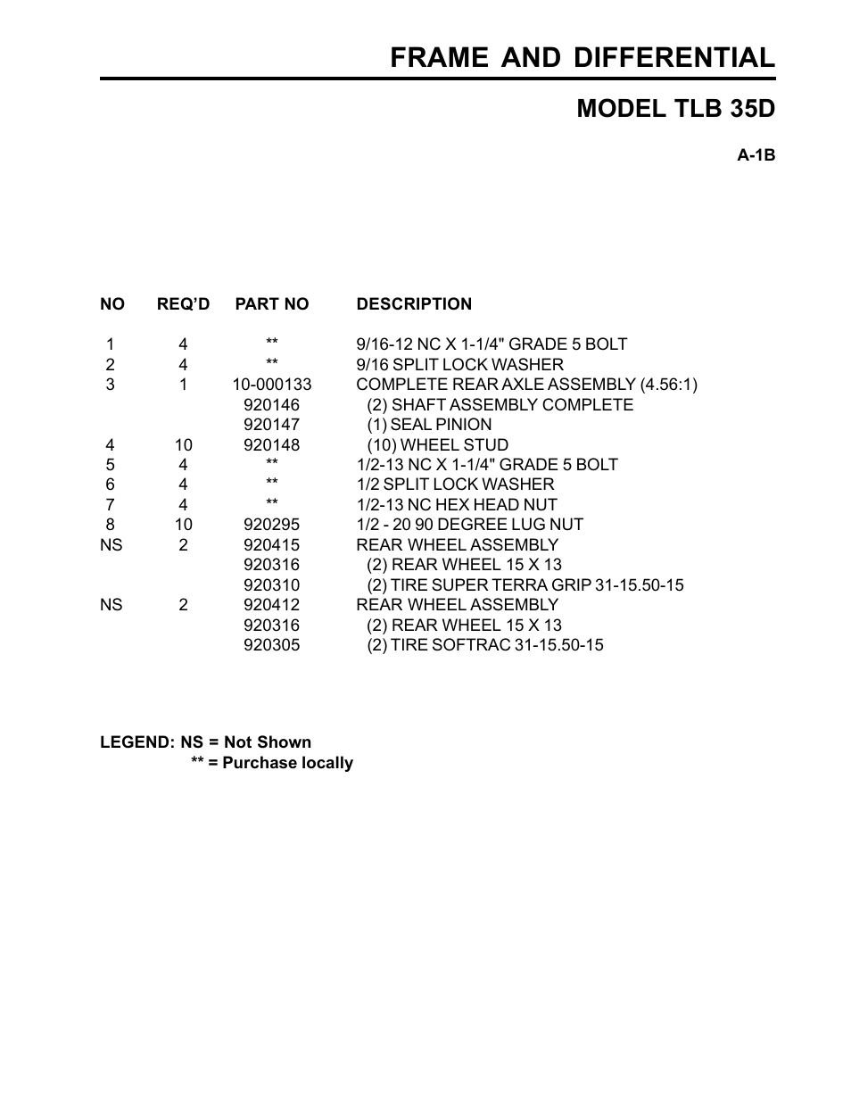 Frame and differential, Model tlb 35d | Allmand Brothers TLB35D User Manual | Page 5 / 99