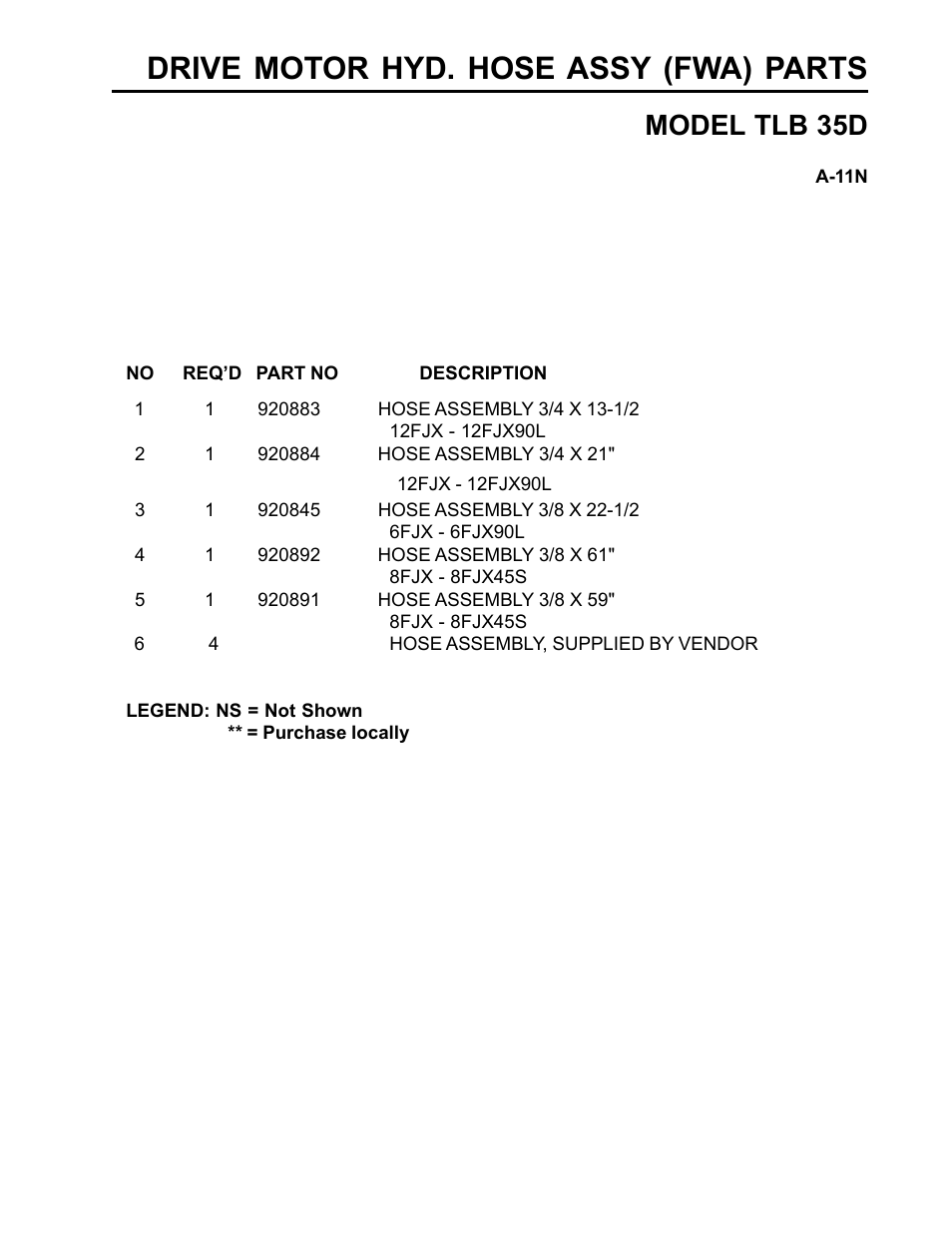 Drive motor hyd. hose assy (fwa) parts, Model tlb 35d | Allmand Brothers TLB35D User Manual | Page 59 / 99