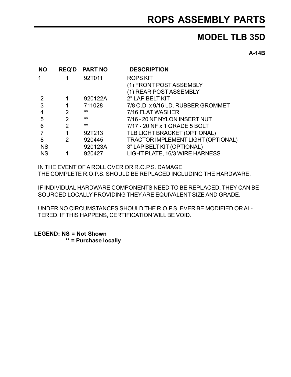 Rops assembly parts, Model tlb 35d | Allmand Brothers TLB35D User Manual | Page 69 / 99