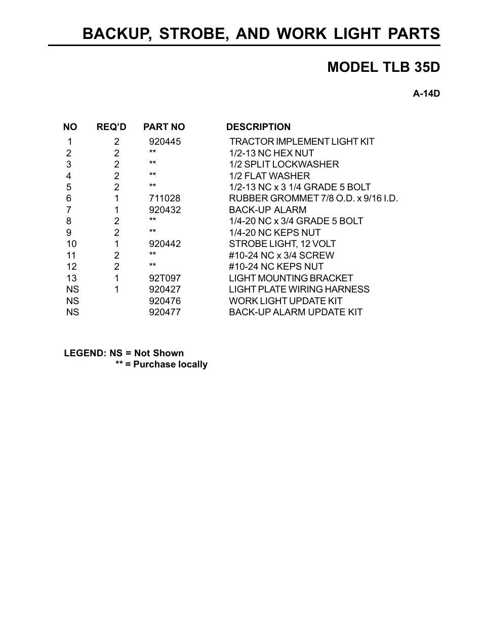 Backup, strobe, and work light parts, Model tlb 35d | Allmand Brothers TLB35D User Manual | Page 71 / 99