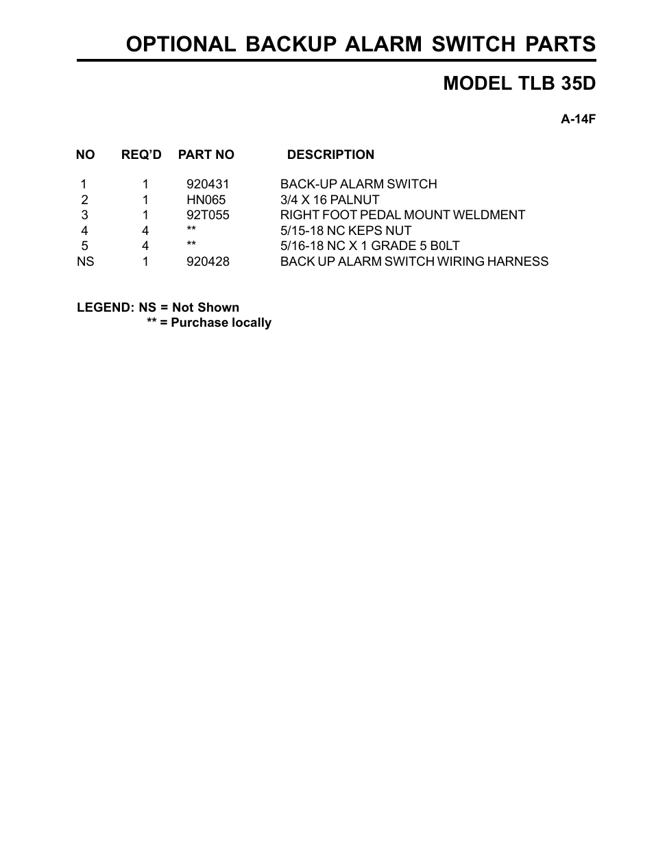 Optional backup alarm switch parts, Model tlb 35d | Allmand Brothers TLB35D User Manual | Page 73 / 99