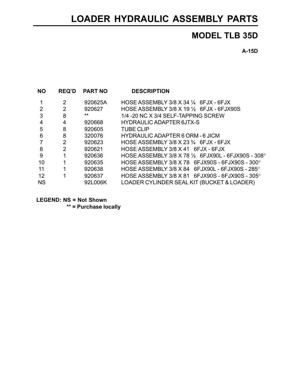 Loader hydraulic assembly parts, Model tlb 35d | Allmand Brothers TLB35D User Manual | Page 77 / 99