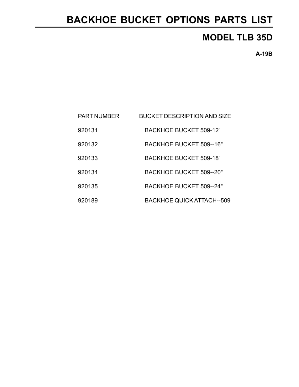 Backhoe bucket options parts list, Model tlb 35d | Allmand Brothers TLB35D User Manual | Page 97 / 99