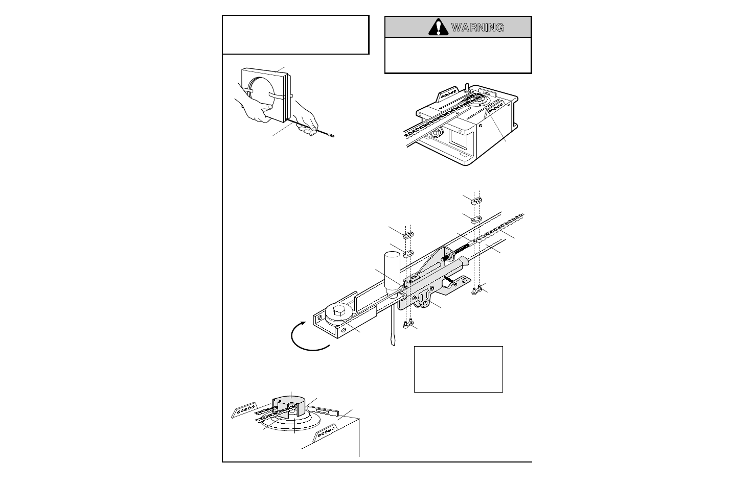 Attach chain to sprocket, Attach sprocket cover, Warning caution warning | Assembly step 4, Figure 2 figure 3 figure 1 | Chamberlain SECURITY+ 6200-2K User Manual | Page 10 / 40