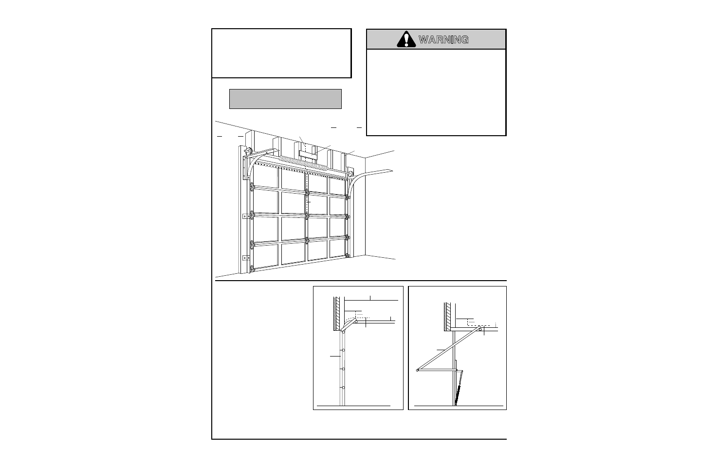 Installation section, Determine header bracket location, Sectional & 1-piece door w/ track | Warning caution warning, Installation step 1, Proceed to step 2, page 14 | Chamberlain SECURITY+ 6200-2K User Manual | Page 12 / 40