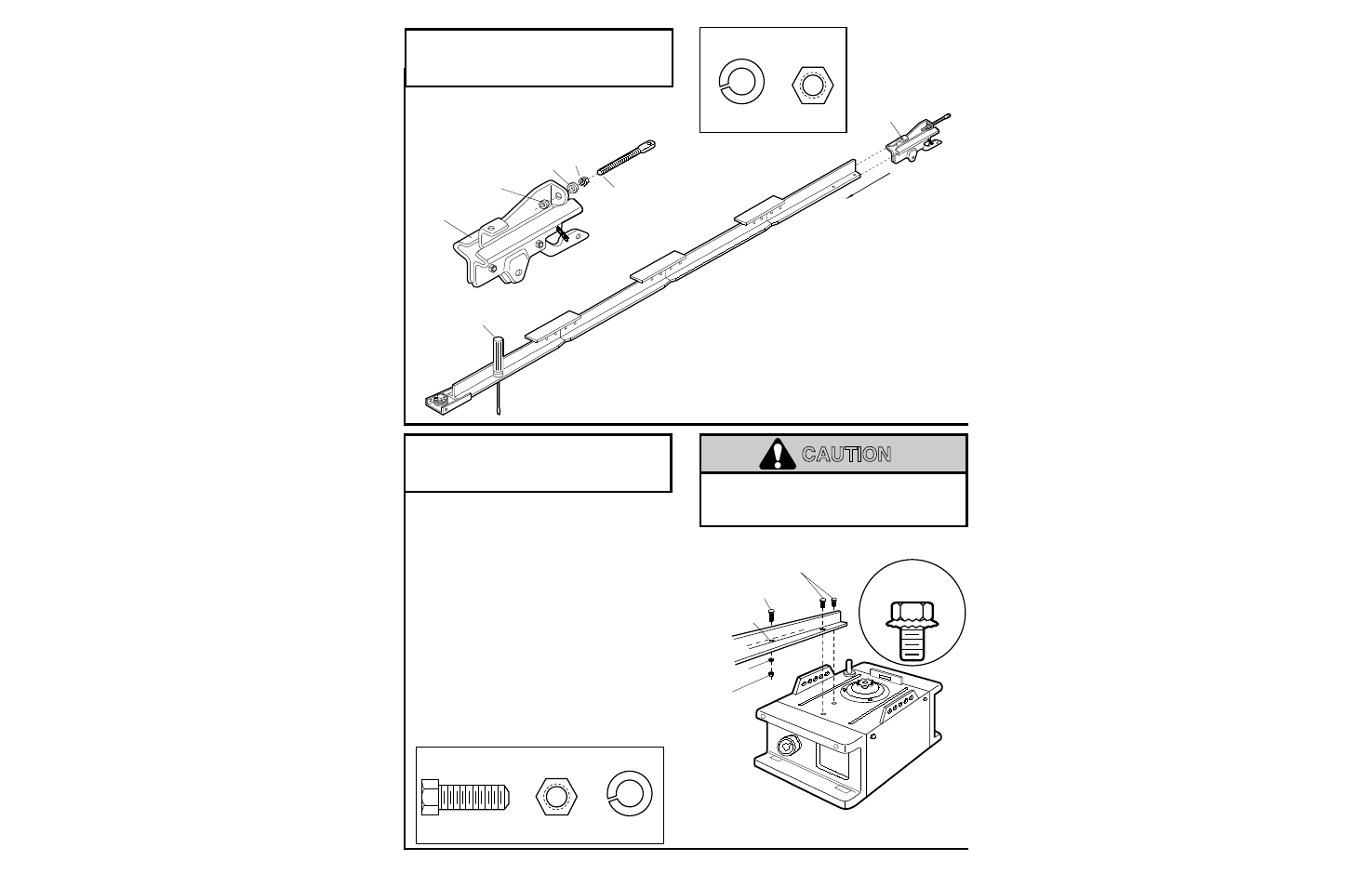 Warning caution warning, Assembly step 2, Assembly step 3 | Install the trolley on the t-rail, Fasten the t-rail to the opener | Chamberlain SECURITY+ 6200-2K User Manual | Page 9 / 40