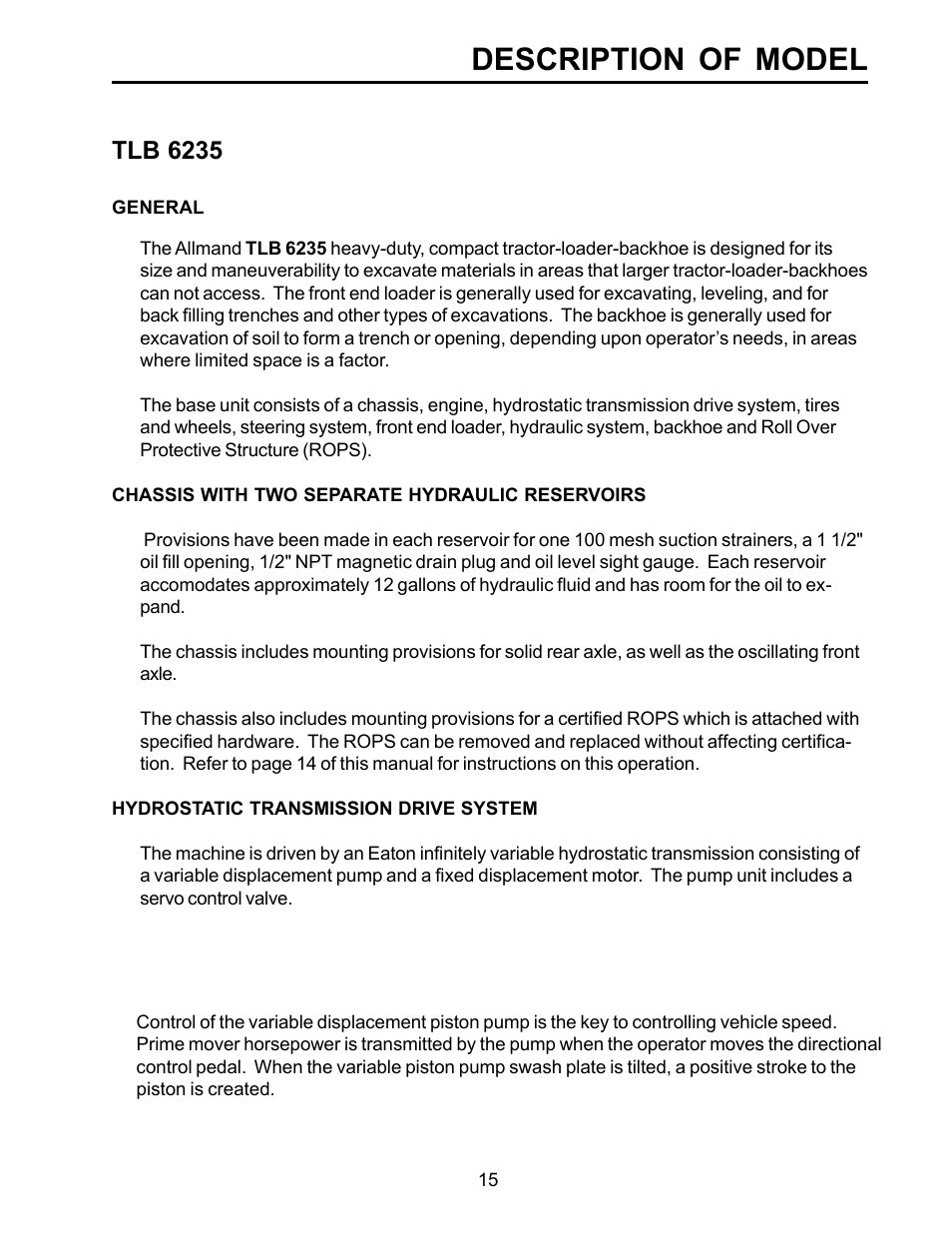 Description of model, Tlb 6235 | Allmand Brothers TLB6235 Tractor User Manual | Page 15 / 42