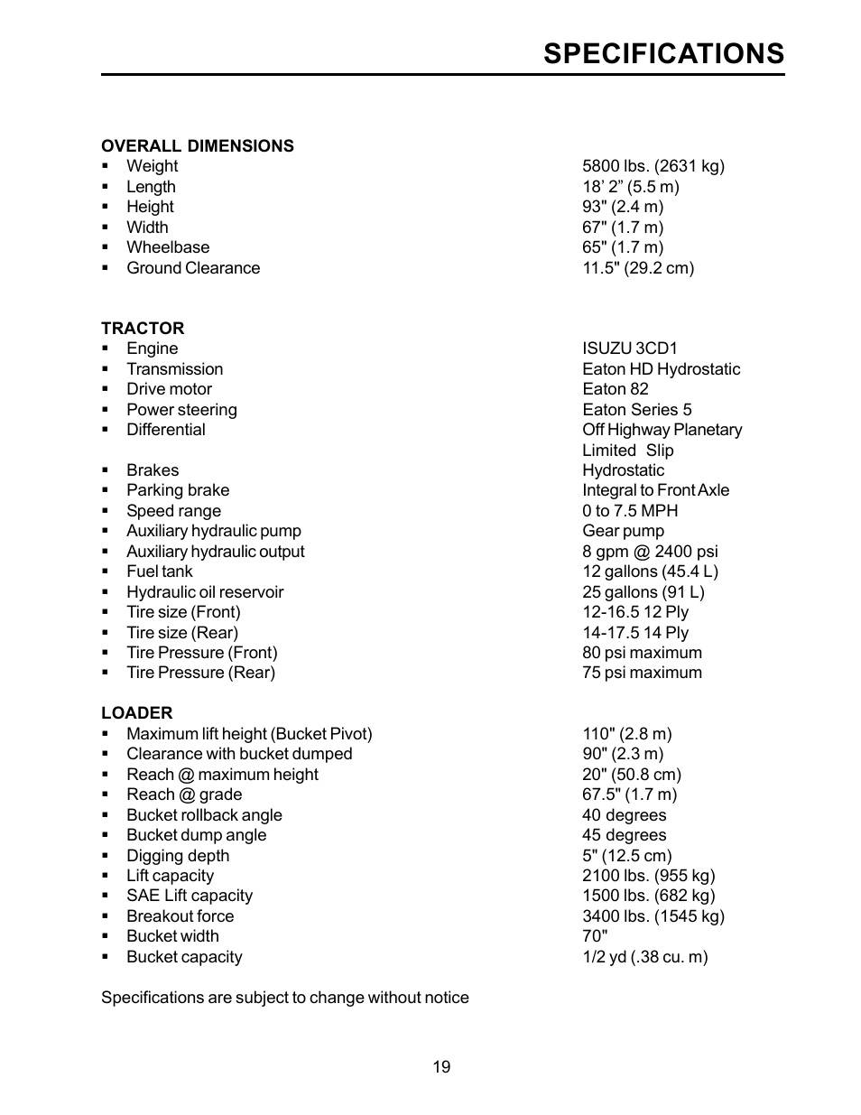 Specifications | Allmand Brothers TLB6235 Tractor User Manual | Page 19 / 42