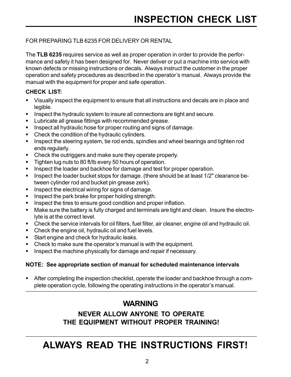 Inspection check list, Always read the instructions first | Allmand Brothers TLB6235 Tractor User Manual | Page 2 / 42