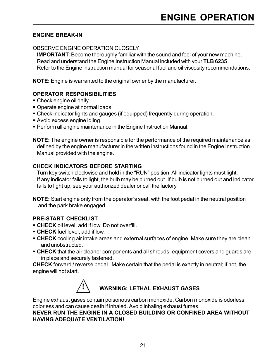 Engine operation | Allmand Brothers TLB6235 Tractor User Manual | Page 21 / 42