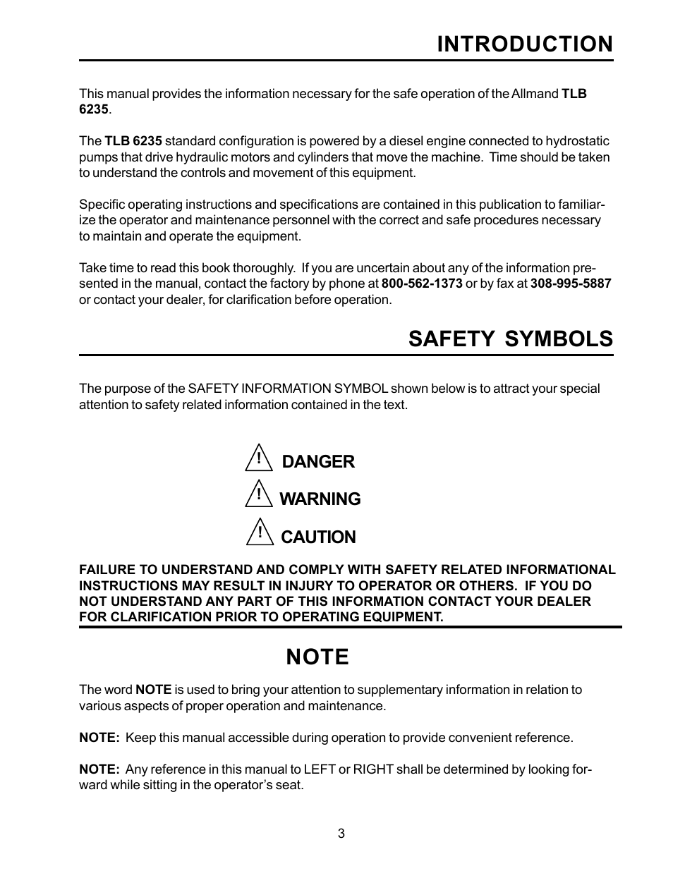 Introduction, Safety symbols | Allmand Brothers TLB6235 Tractor User Manual | Page 3 / 42